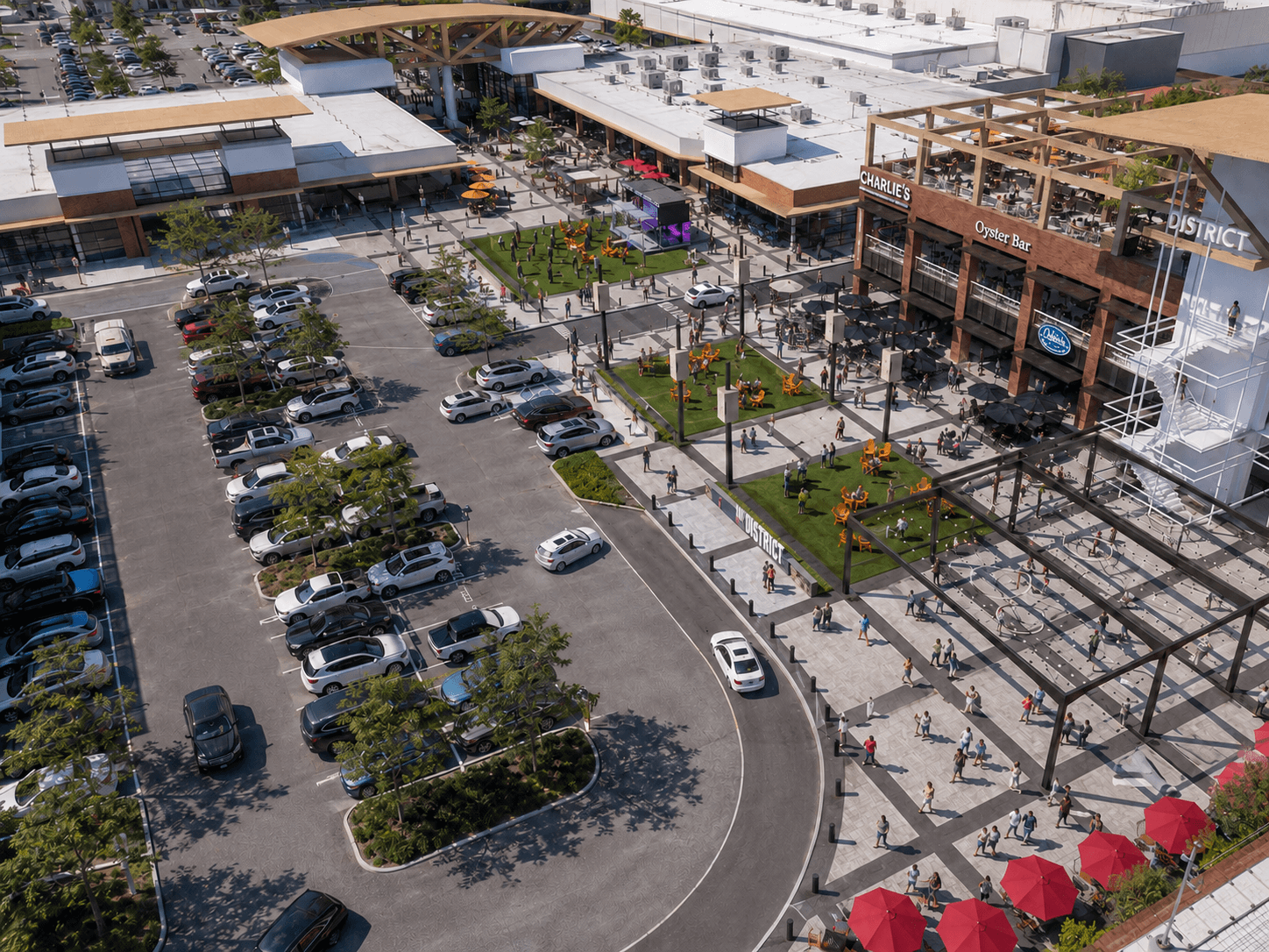 The Shops on Broadway — aerial of the retail district